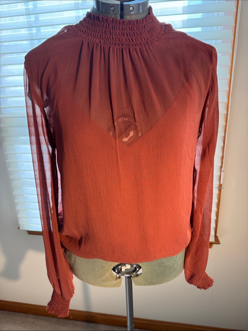 Express Rust Red Smocked Neck Long Sleeve Sheer Blouse with built in camisole